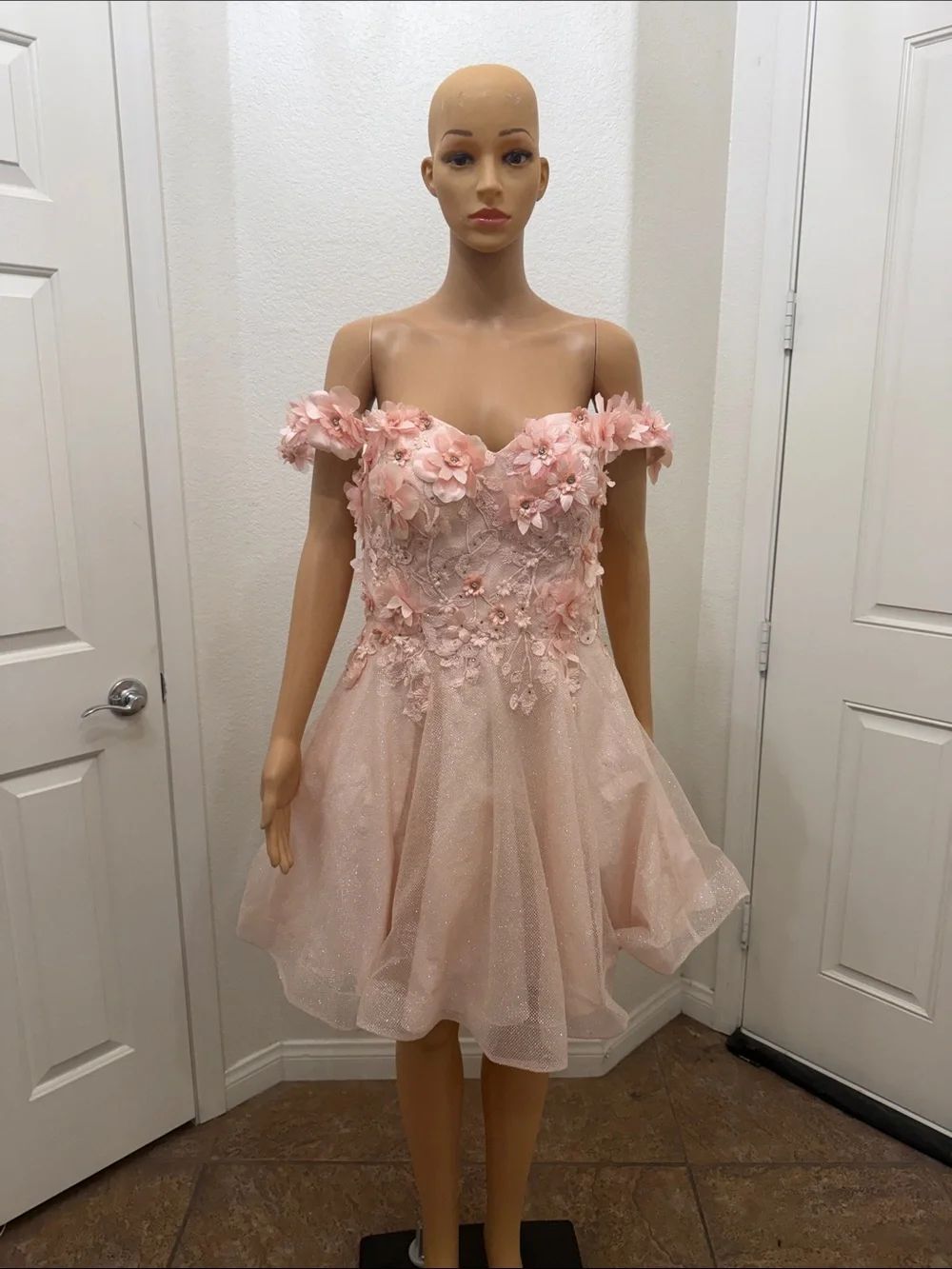 Juliet Pink Metallic 3D Floral Off Shoulder Mini Romantic Party Dress Sz Large